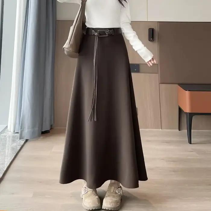 Jupe longue pour femme, taille haute avec ceinture, coupe évasée en A
