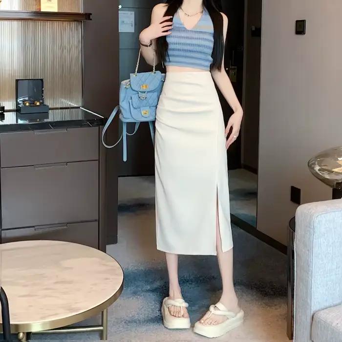 Jupe mi-longue évasée taille haute avec fente pour femme