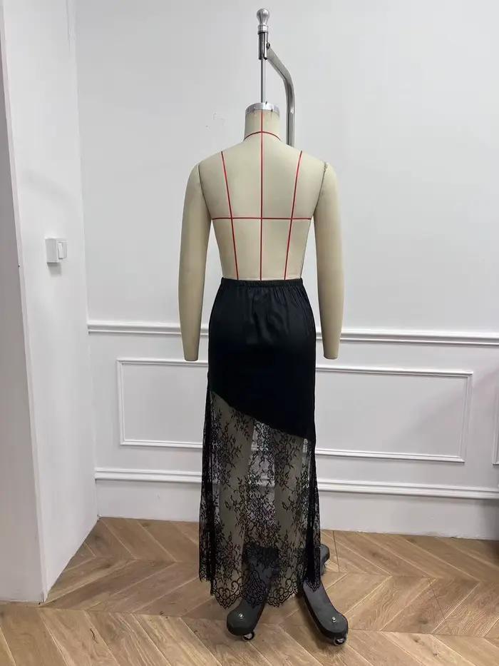 Jupe longue en dentelle noire fluide et élégante pour femmes, style bohème, idéale pour fêtes et soirées romantiques