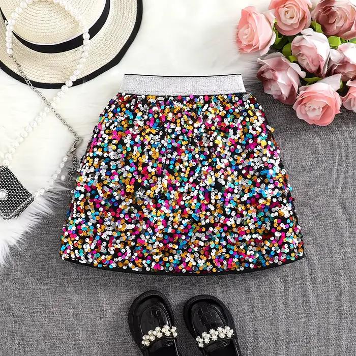 Printemps et automne nouvelle jupe trapèze taille haute à paillettes brillantes pour filles; Une seule pièce