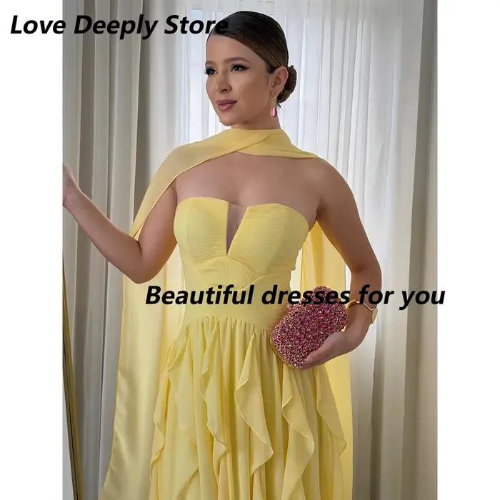 Robe de soirée jaune personnalisée, col cœur, en mousseline de soie, à volants, coupe trapèze, longueur ras du sol, robe de soirée formelle élégante pour bal de promo