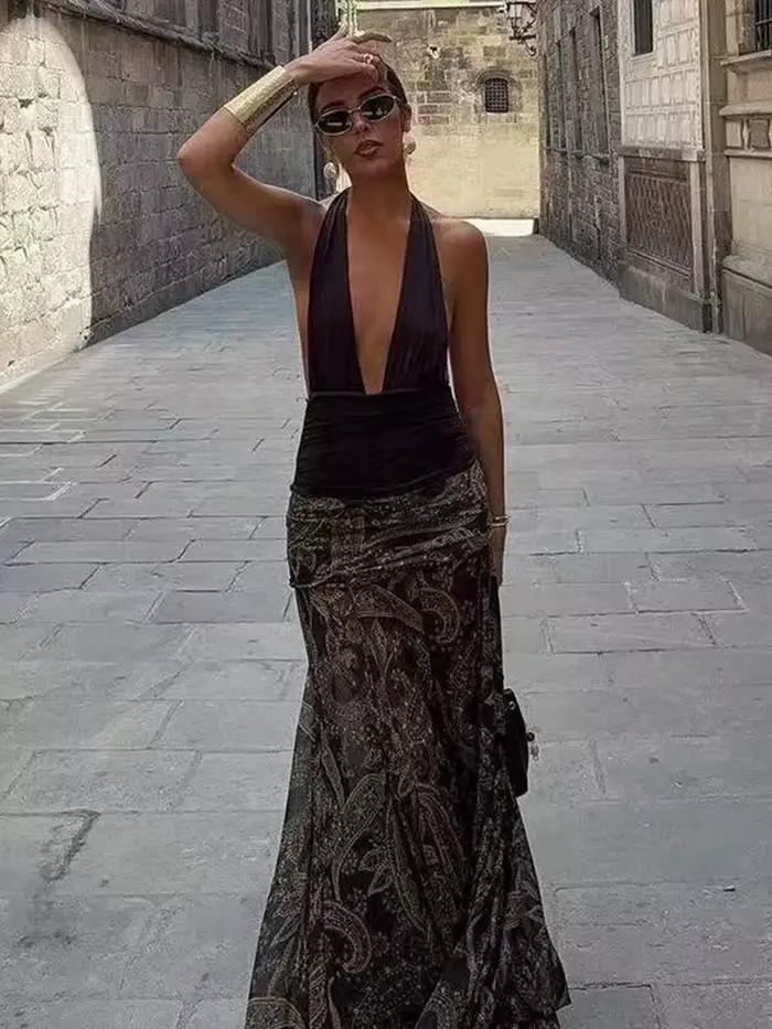 Jupe longue plissée à volants pour femmes, style vintage chic, décontractée, polyester, coupe régulière, longueur cheville, pour soirées et occasions spéciales