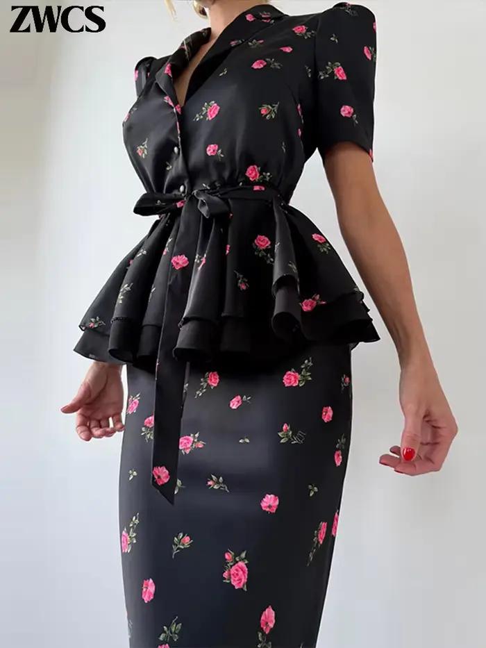 Ensemble de jupes pour femmes à imprimé floral et volants, hauts élégants à col en V et manches courtes avec lacet à la taille, jupe longue ajustée, nouvelles tenues 2026 pour soirées officielles