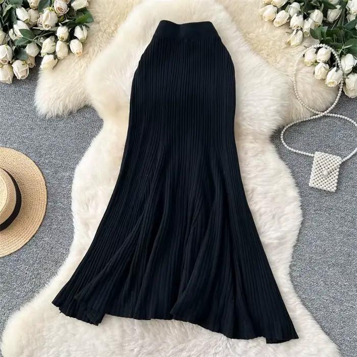 Jupe sirène tricotée française extensible, taille haute, chic et épais, pour femmes, automne hiver, tenue d'anniversaire, matériau coton polyester