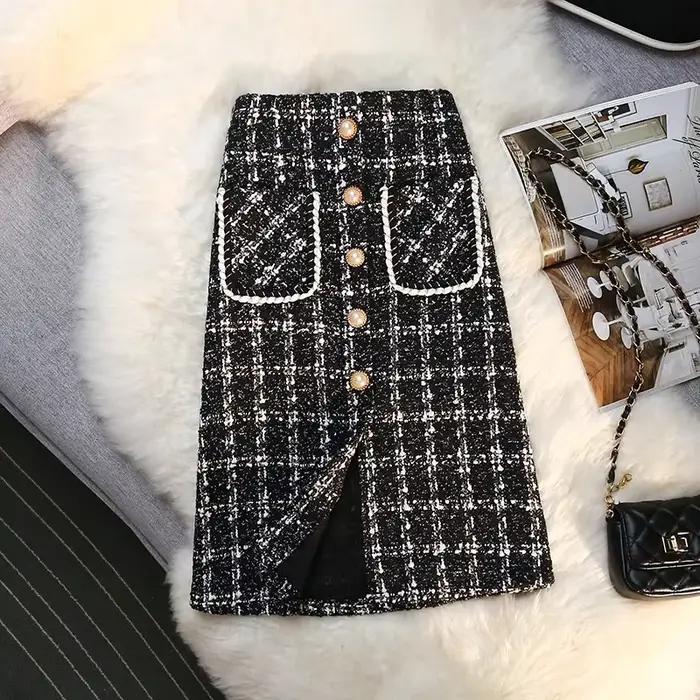Jupe longue en laine à carreaux taille haute pour femmes