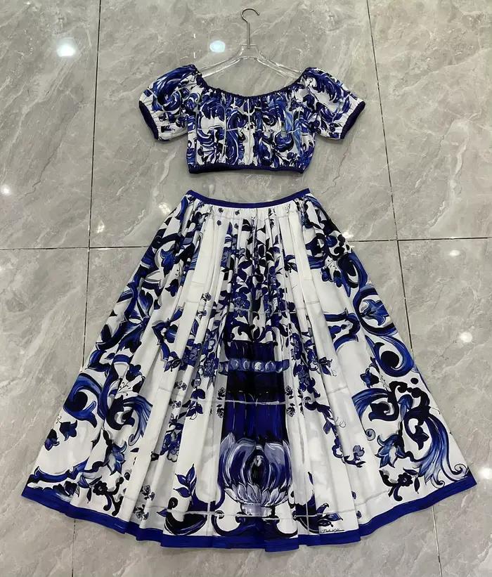Boho 2 pièces ensemble femmes été 2025 bleu porcelaine imprimé haut et coton jupe Maxi concepteur plage vacances tenue