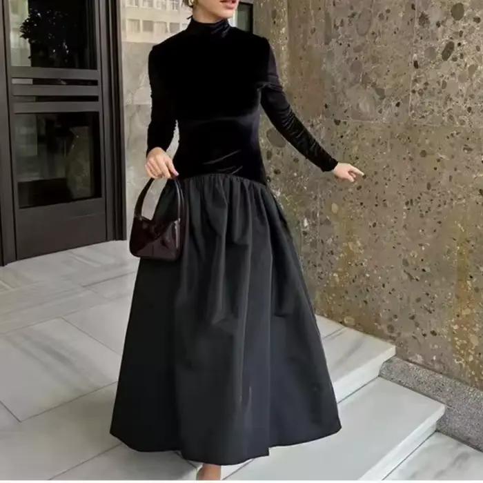 Robe en velours côtelé pour femmes junior bureau dame printemps été polyester silhouette lâche col en V décoration drapée légèrement extensible tour de taille naturel manche régulier coupe régulière pull mi-mollet
