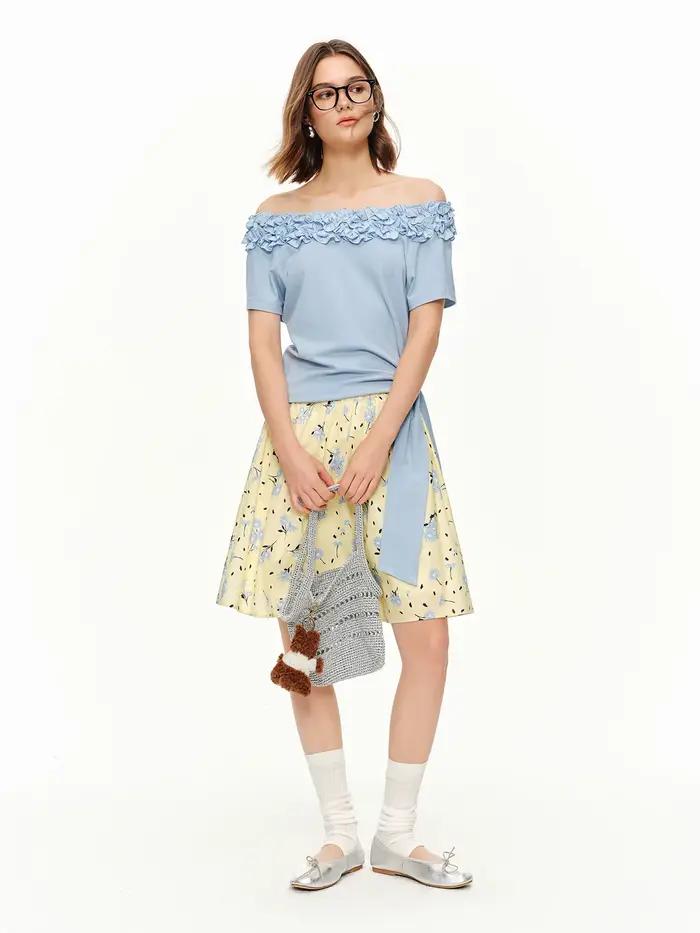 Jupe DUSHU Chic Daisy imprimée jaune taille haute décontractée pour femmes sorties nocturnes été 2026 coton polyvalent trapèze floral