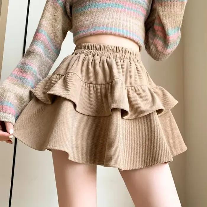Fanan – jupe trapèze taille haute à volants bouffants pour femme, jupe plissée en velours côtelé assortie avec tout, Mini gâteau Vintage Y2K, nouvelle collection automne 2024
