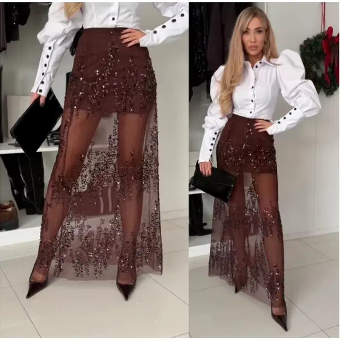 Jupe longue en dentelle à paillettes pour femmes
