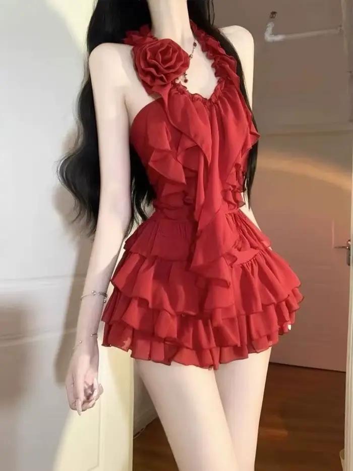 Sexy à volants coupe ajustée licou femmes hauts Mini jupe 2 pièces ensemble fille chaude Style Design mode Chic fête soirée nouveau