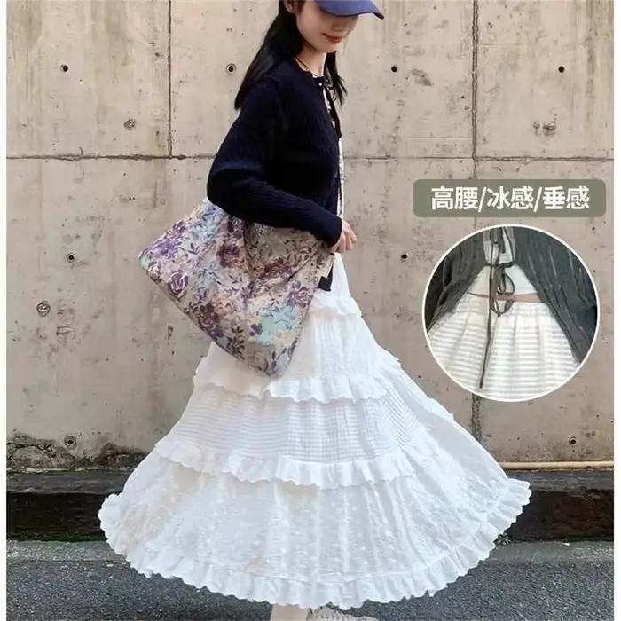 Printemps automne dentelle volants a-ligne jupes longues pour les femmes élégantes