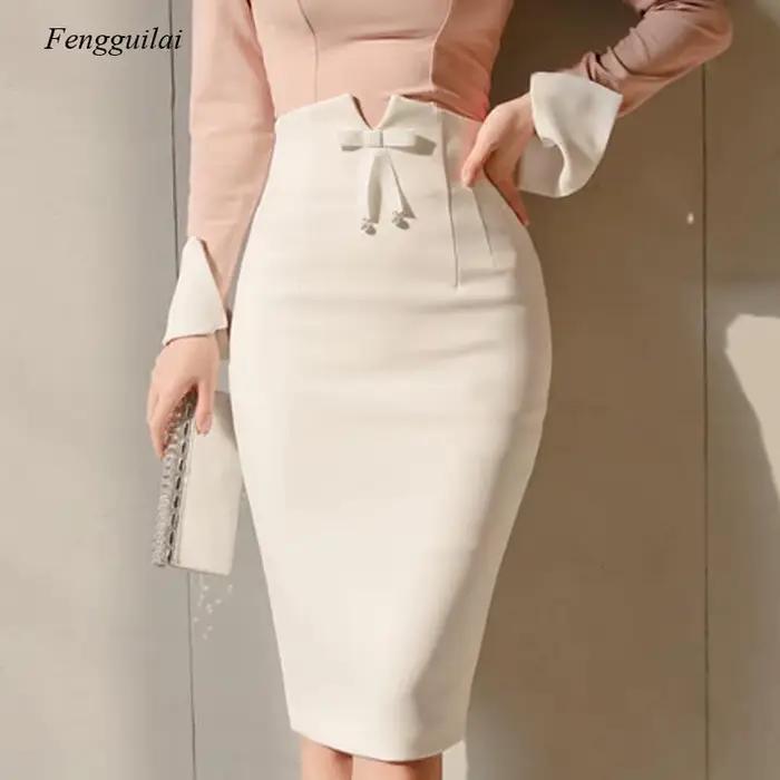 Jupe mi-longue taille haute blanche Sweetwoo pour femmes, style crayon, bureau coréen élégant, dos fendu, été, occassions spéciales, cadeau anniversaire ou mariage