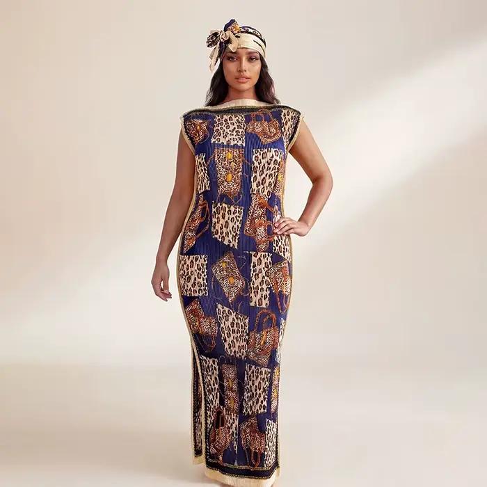 Robe longue africaine avec écharpe, style streetwear, motif géométrique, polyester, sans manches, longueur cheville, décolleté rond, adaptable pour femmes occasions spéciales