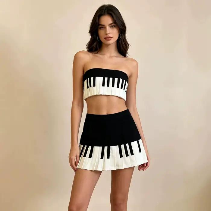 Jupe mi-longue ajustée à motif piano noir et blanc pour femme