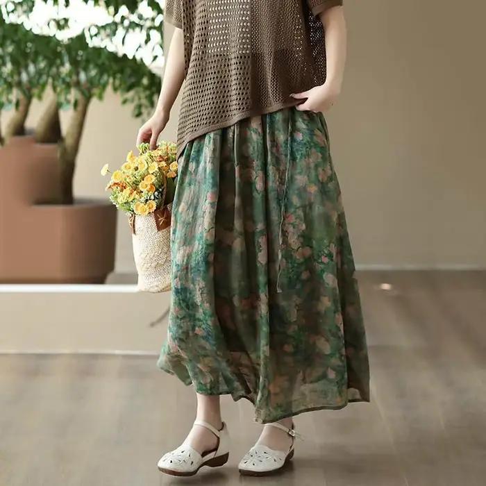Jupe longue imprimée Vintage en polyester et coton, motif floral, taille élastique, style décontracté, fluide, littéraire, artistique, pour femmes, toutes saisons, occassions spéciales
