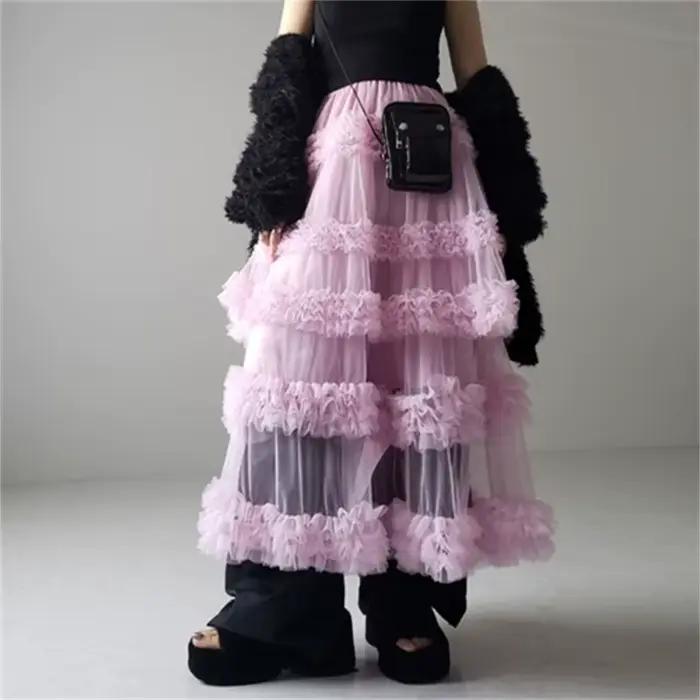 Jupe trapèze haute en tulle pour femme, maille légère et extensible, volants multilignes, été et printemps, élégance et confort