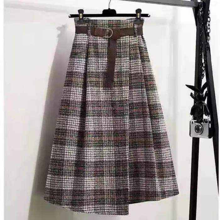 Jupe femme grande taille Tweed Plaid automne hiver a-ligne mi-longue plissée irrégulière Vintage vêtements