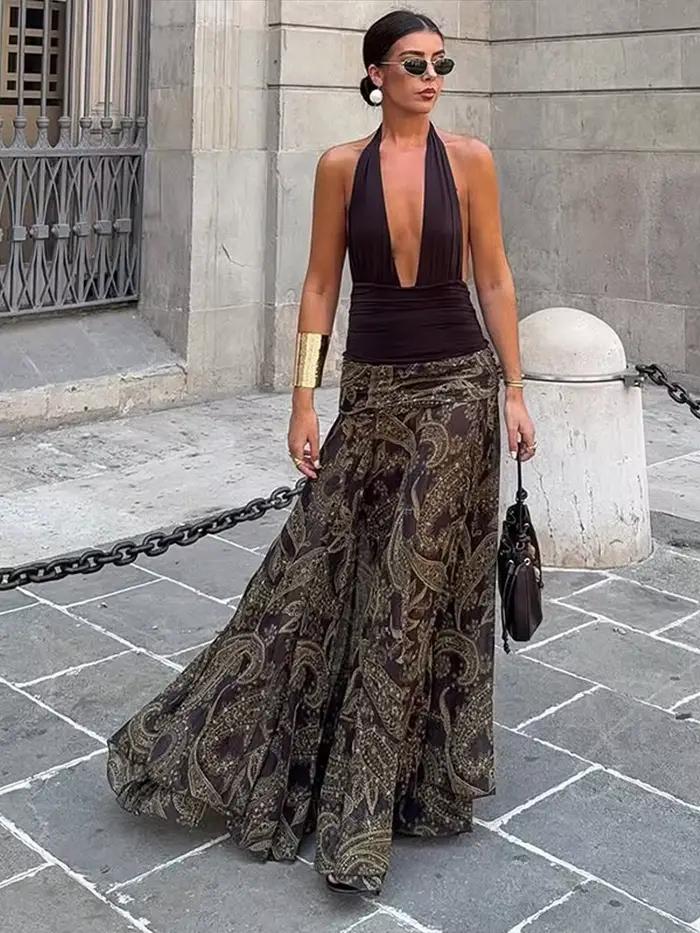 Charmante imprimé mince femmes jupe longue taille haute hanche paquet longueur au sol grandes jupes bohème à la mode dame Streetwear nouveau