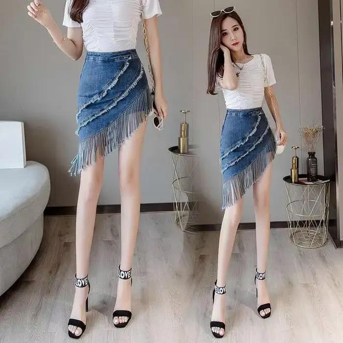 Frange Gyaru courte bleu Wrap femmes jupe en jean serré Coquette Mini Sexy femme