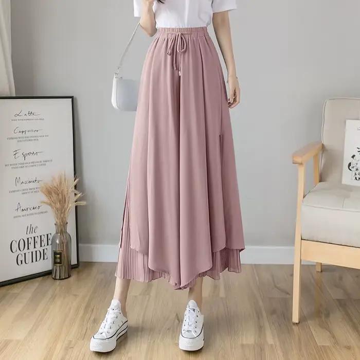 Jupe plissée en mousseline de soie pour femmes, taille haute, décontractée, jambes larges, mode streetwear, été, pantalon longueur cheville, confortable et respirante