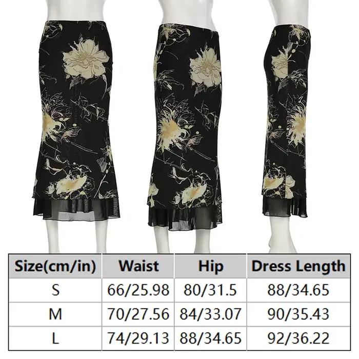 Jupe longue en maille double couche avec motif floral pour style gothique Y2K femmes été cheville tricot ajustée silhouette trompette sirène