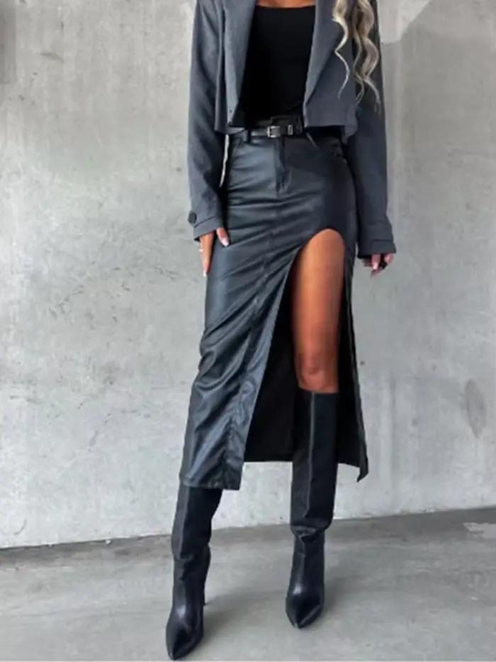 Jupe mi-longue en cuir Pu pour femmes
