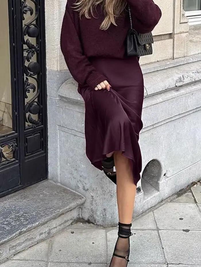 Bourgogne Satin mince jupes longues femmes été nouvelle taille haute fermeture éclair élégant a-ligne Faldas Streetwear mode Vintage jupe Midi