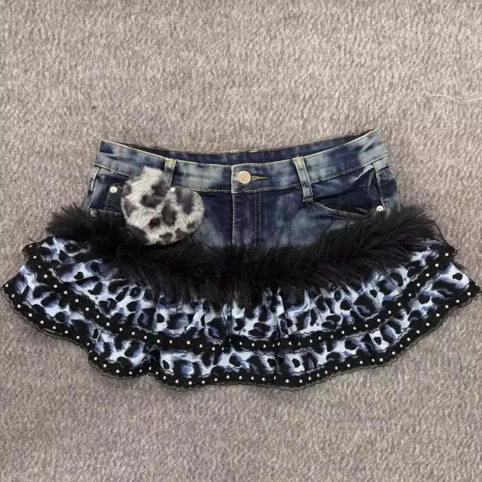 Jupe en jean imprimée léopard noir et blanc vintage Y2K pour femmes