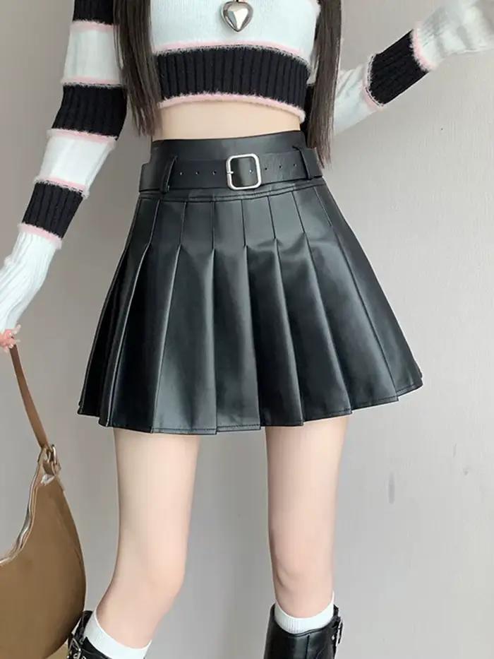 Mini Jupe Trapèze Plissée en Cuir pour Femme