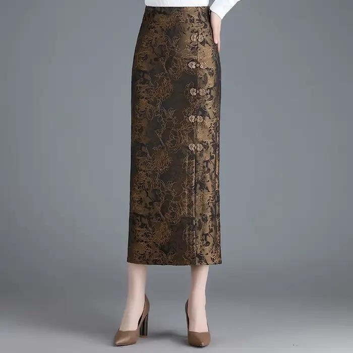 ZUZK Jacquard Noble élégant longue jupe droite nouvelle taille élastique mince automne femmes rétro Wrap mi-longue