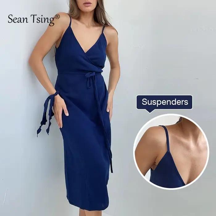 Robe élégante MCAO en gaze 100% coton col en V bandage sans manches pour soirées et fêtes estivales femmes trapèze ajustement réglable