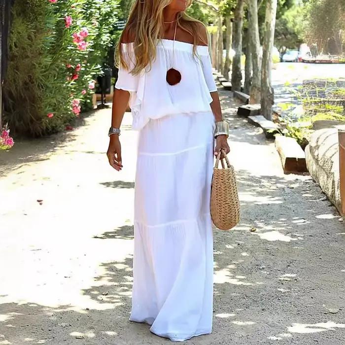 Robe bohème blanche chic et élégante col en V à lacets cover-up pour femmes maxi vêtements de plage vacances été 2023