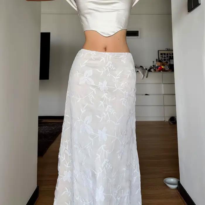 Jupe longue droite polyvalente taille haute brodée en dentelle blanche pure style rétro français pour femme, design printanier, coupe ajustée