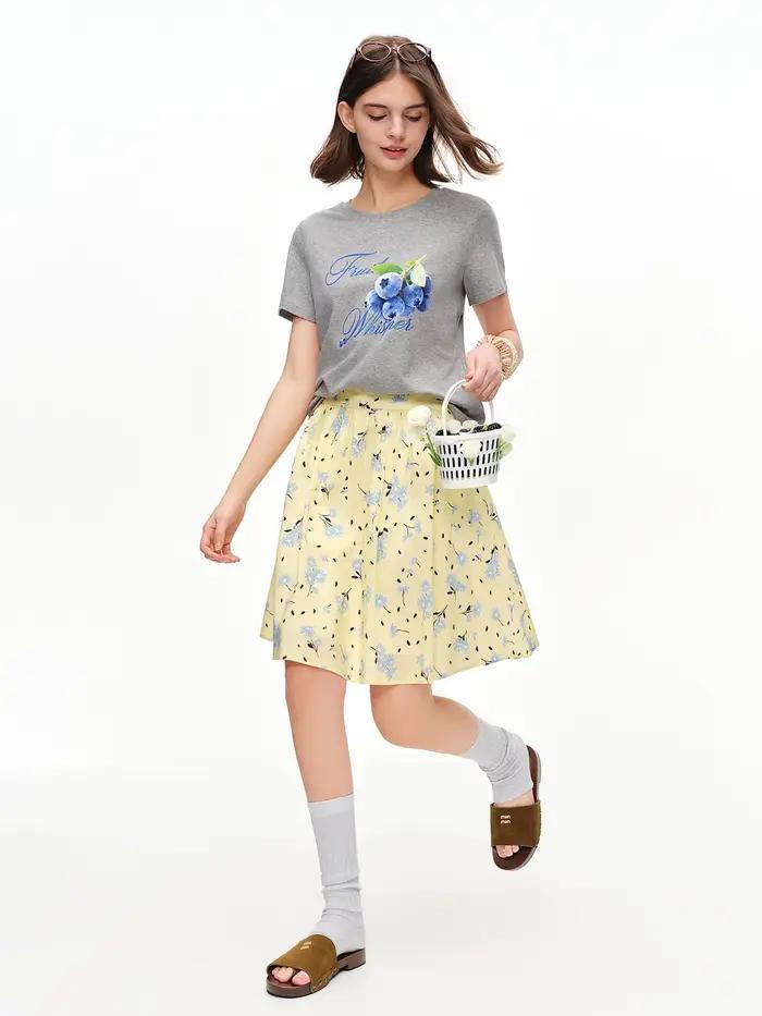 Jupe DUSHU Chic Daisy imprimée jaune taille haute décontractée pour femmes sorties nocturnes été 2026 coton polyvalent trapèze floral