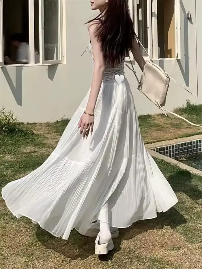 Nouvelle jupe plissée trapèze longue taille haute en gaze fine pour femme