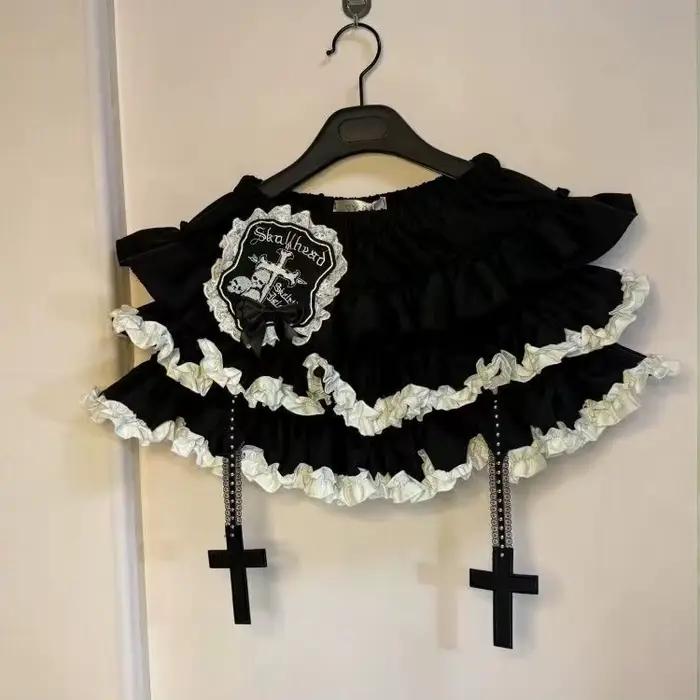 Jupe Y2K Punk Dark Lolita pour femme, mini-jupe gothique à pois avec dentelle et volants superposés, chic, style Hot Girl, courte, mode urbaine