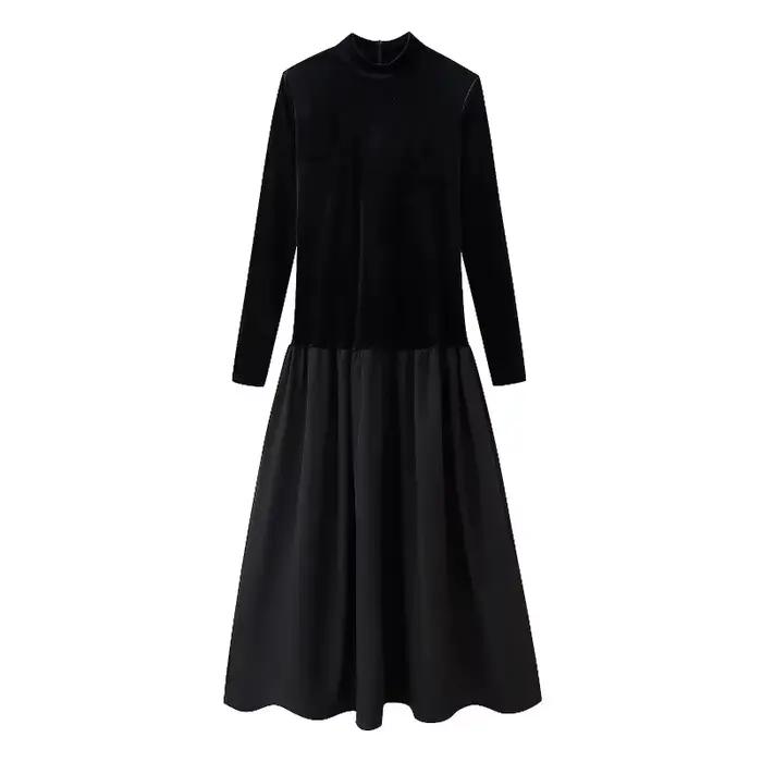 Robe en velours côtelé pour femmes junior bureau dame printemps été polyester silhouette lâche col en V décoration drapée légèrement extensible tour de taille naturel manche régulier coupe régulière pull mi-mollet