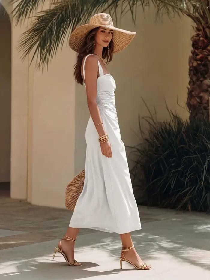 Robe midi blanche froncée pour femme, été 2026, col carré à la française, bretelles larges, cordon de serrage, coupe ajustée, ourlet fendu, robes de plage et de vacances