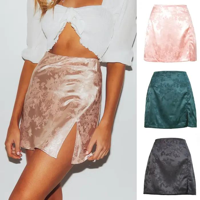 Femmes fête danse scène porter rose Sexy Satin jupe mode Mini imprimé fleuri jupes femme