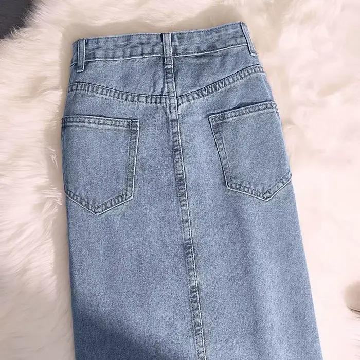 Femmes en détresse Denim jupe épissé enveloppement fesses jupes taille haute lavé solide cheville longueur fermeture éclair mouche poches décontracté