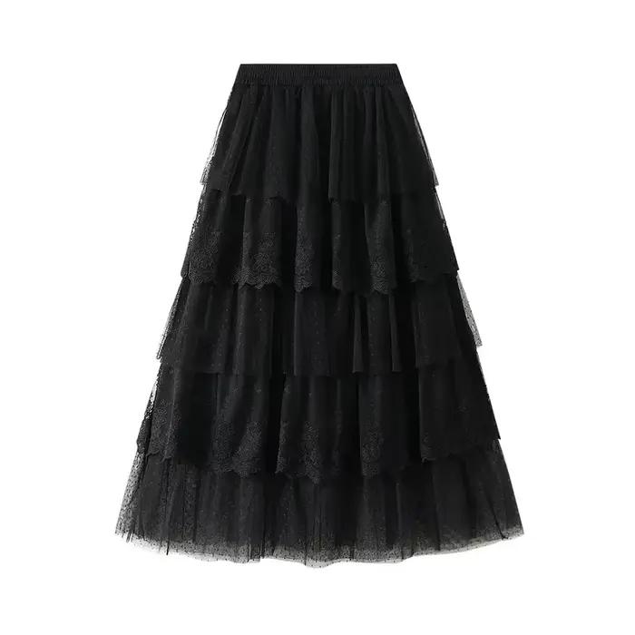 Élégante jupe longue en mousseline patchwork de dentelle
