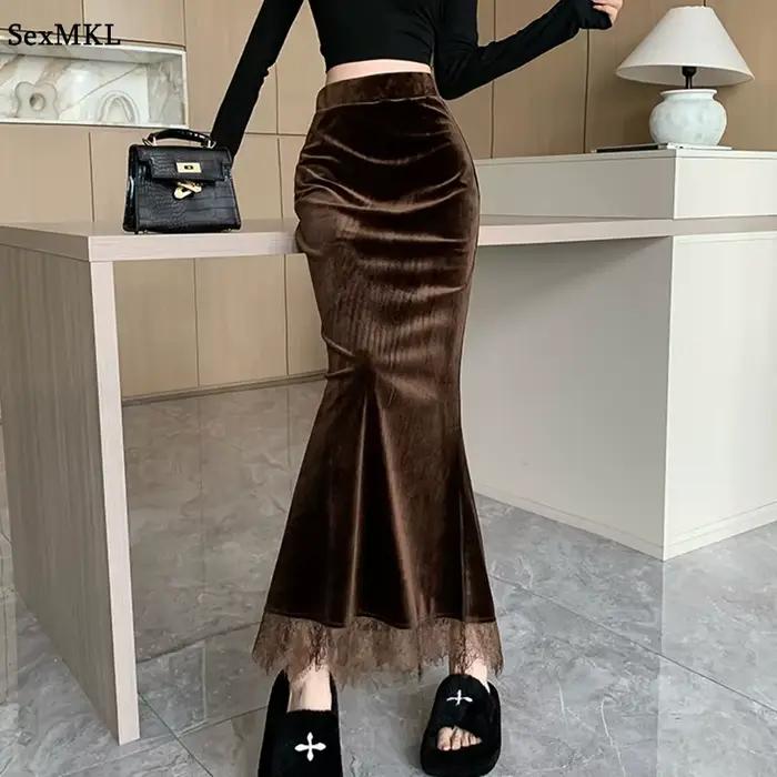 Jupe en velours polyvalente pour femmes, style Y2K, streetwear coréen, silhouette trompette, dentelle, saison automne-hiver, confort, occasions spéciales
