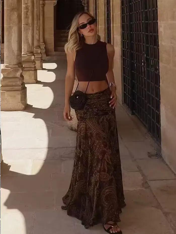 Jupe longue plissée à volants pour femmes, style vintage chic, décontractée, polyester, coupe régulière, longueur cheville, pour soirées et occasions spéciales
