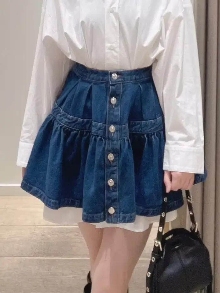 Jupe Courte Plissée en Jean Bleu Taille Haute pour Femme