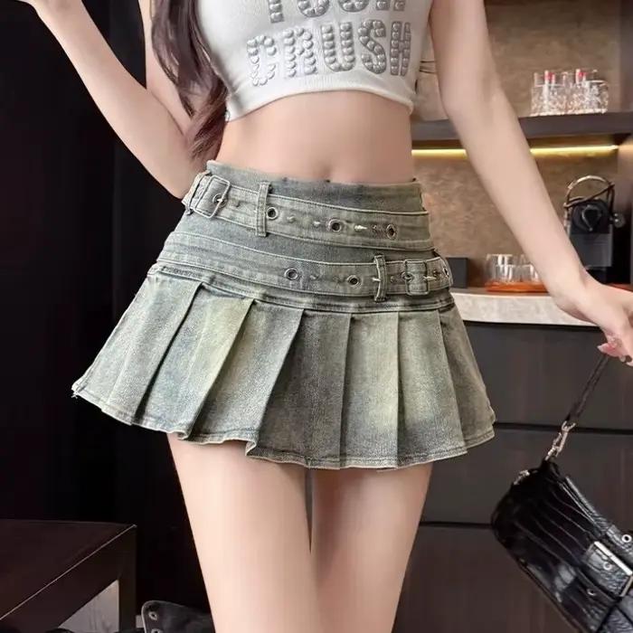 Deeptown Vintage Denim jupe femmes Sexy épicé fille plissée Mini