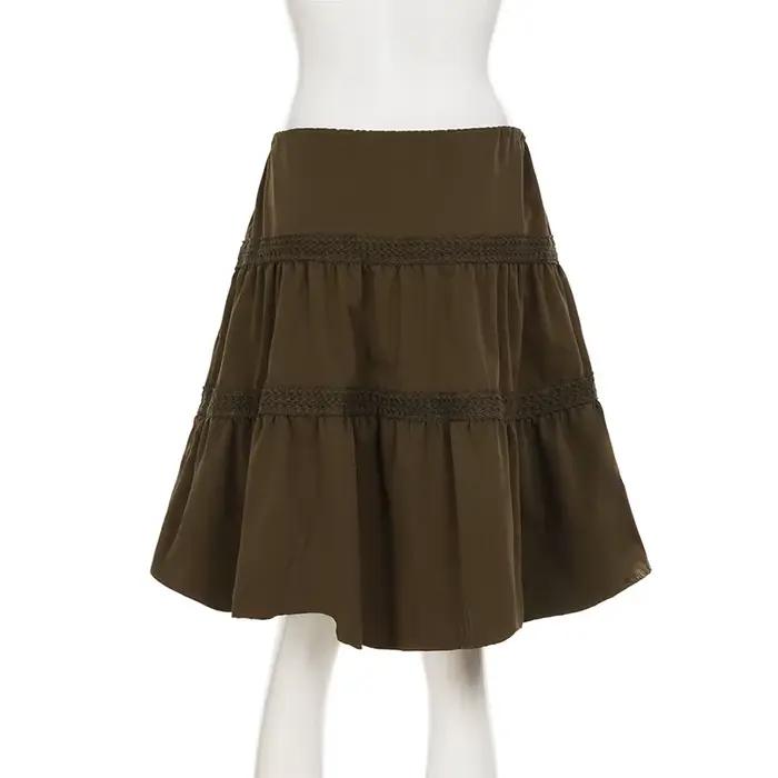 SUCHCUTE Vintage a-ligne perlée cravate-taille tissé jupe pour femme Chic marron dentelle conception mince mi-longue