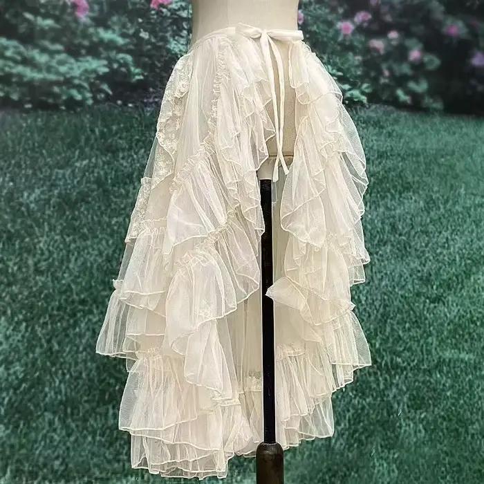 Gothique Lolita dentelle maille volants fée princesse jupe de fête femmes asymétrique mignon rideau pure couvrir mince