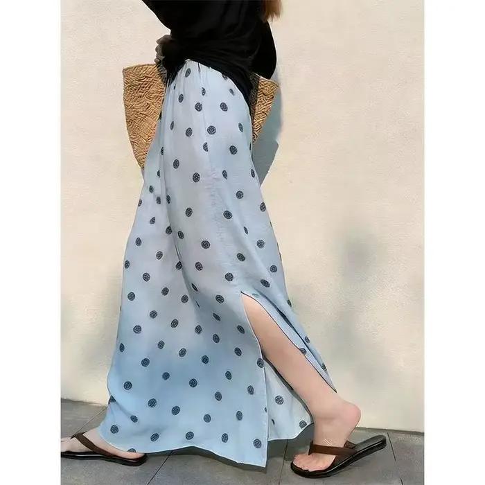 Jupe longue de plage élégante à imprimé pois bleus avec fente pour station balnéaire femmes printemps été