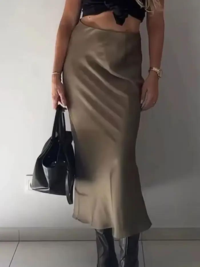 HH femmes élégant solide Satin jupe longue Chic Y2K taille haute jupes minces femme mode soie Texture dames serré